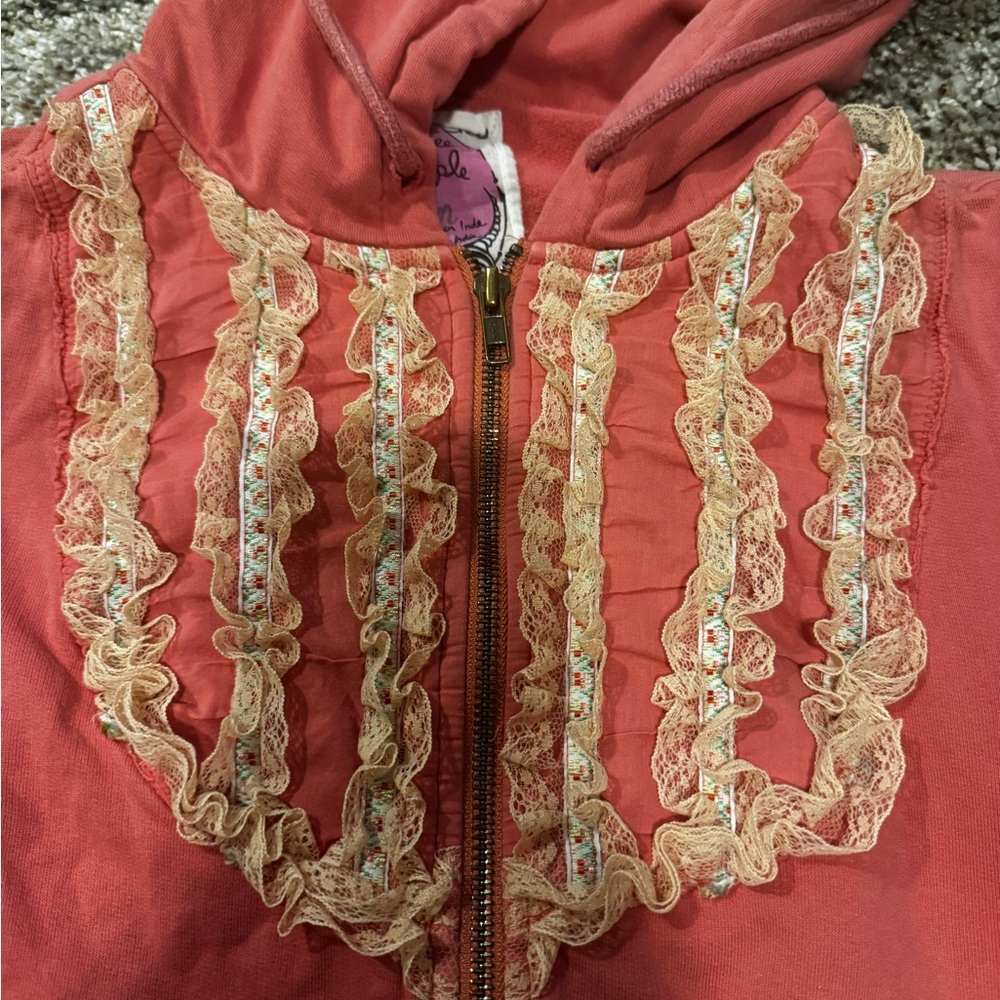 Free People Coral Hoodie with Lace Detail